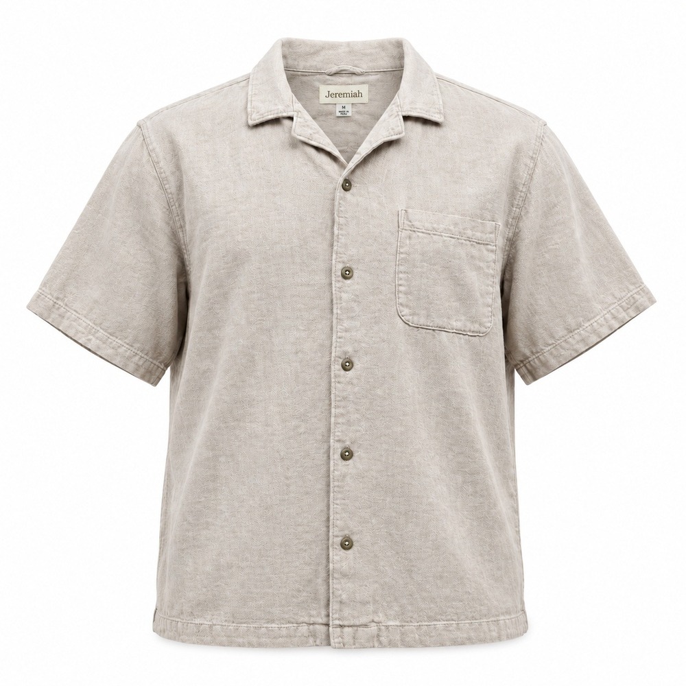 Jeremiah Shirt Mens XL Beige Linen Cotton Blend Short Sleeve Herringbone Camp